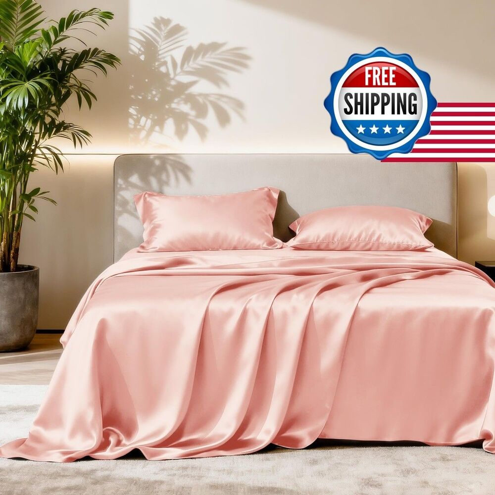 Love's Cabin Satin Queen Sheets Set - 4 Piece Coral Deep Pocket Queen Size